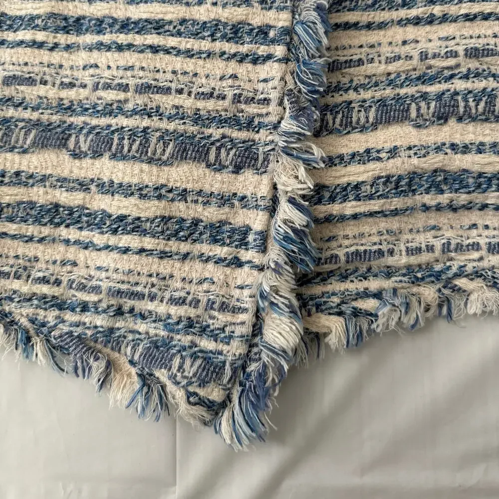 Lucky Brand tweed striped blue & cream open front fringed jacket size medium